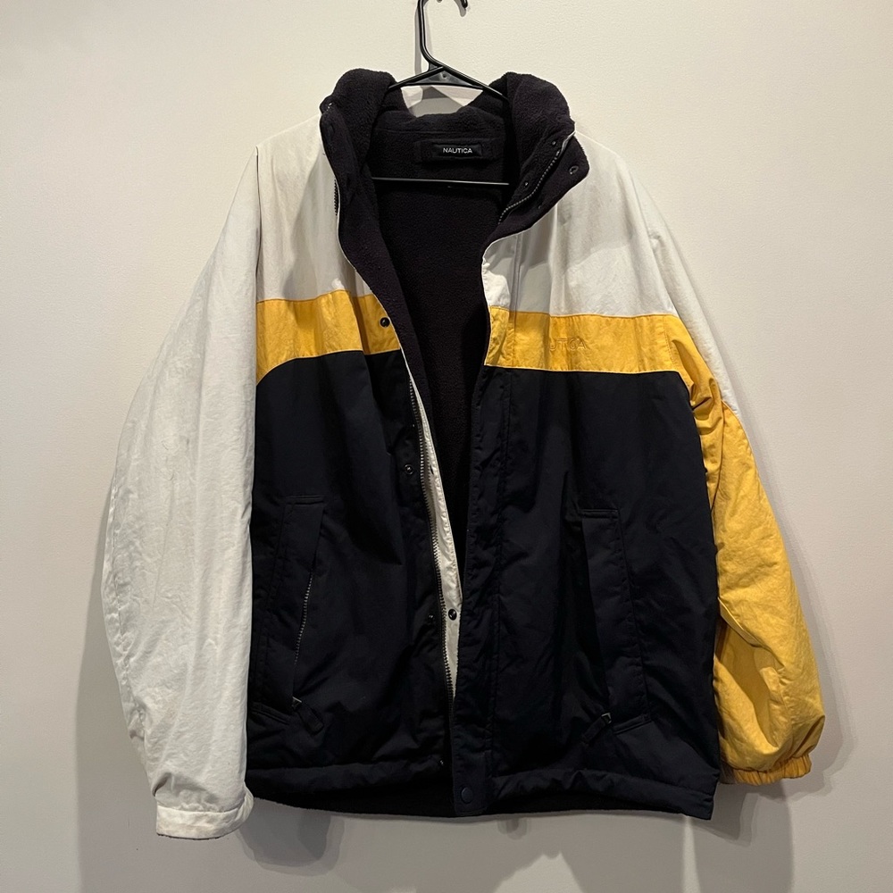 Nautica Vintage Women Puffer Coat Yellow and Blue Zip up. Size Large